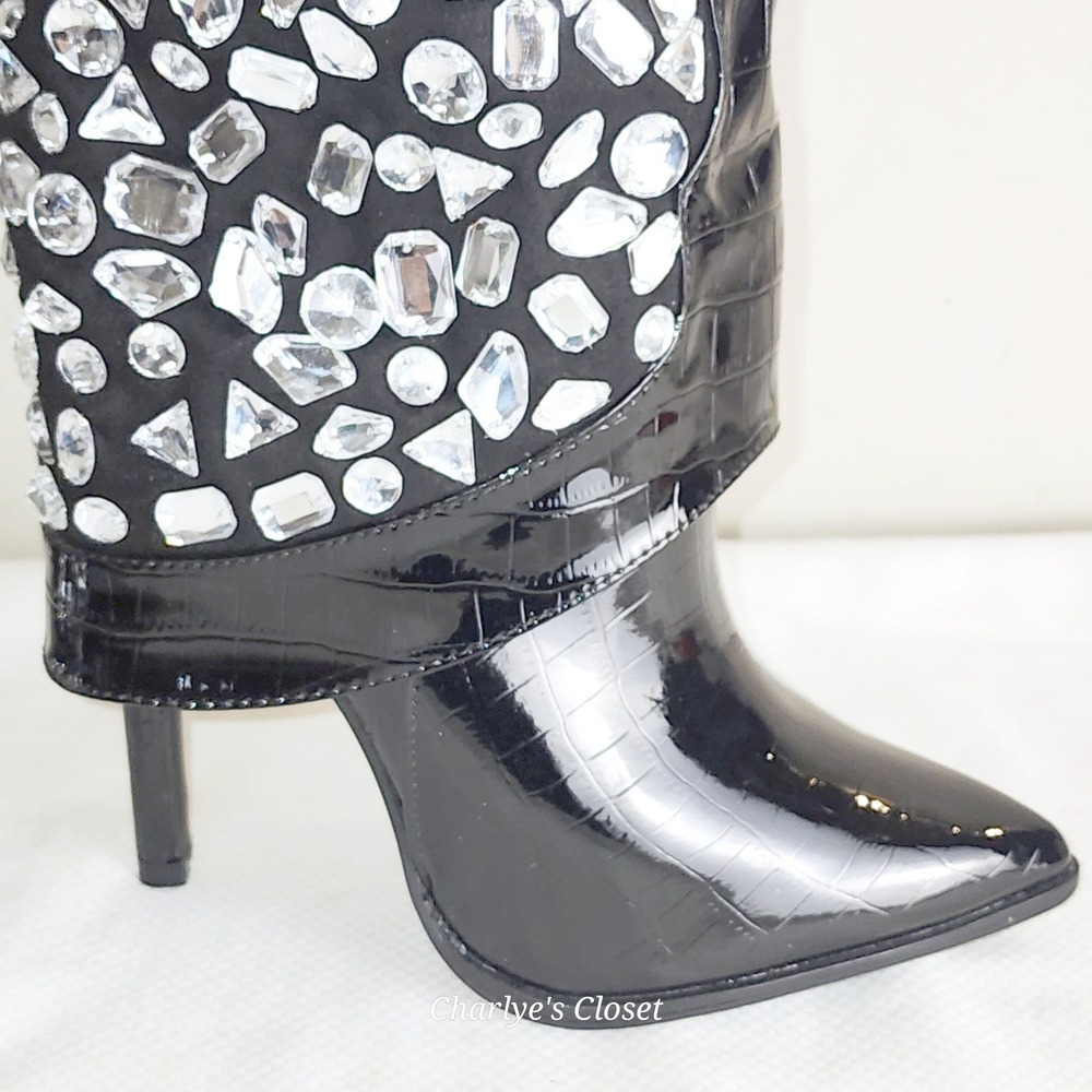 Lauren Lorraine Hana Rhinestone Flap Boots Blk 6.5 Croc Stiletto Punk Goth Glam